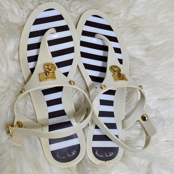 Henri Bendel Striped Goldtone Crest Jelly Ankle Strap Sandals Size 7🌴 - Picture 2 of 10